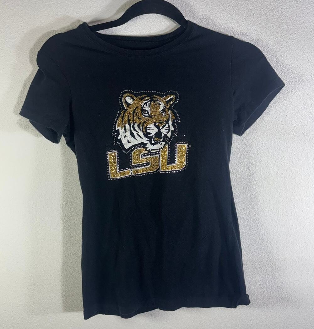 Campus Couture LSU Tigers Rhinestone Graphic Tee Black Short Sleeve Women's S